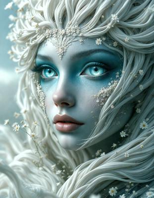 The primary subject of the image is a woman with white hair and blue eyes. She is wearing a white dress and has a flower in her hair. The setting is a white background, which creates a clean and minimalistic look. The visual style is digital art, as the woman appears to be a digital illustration. The colors and mood of the image are predominantly white, giving it a serene and elegant atmosphere.